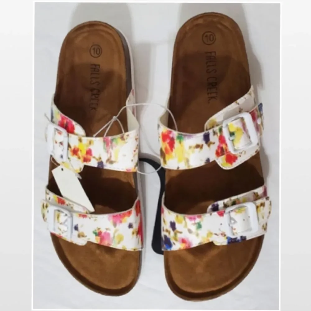 New Falls Creek Shoes Sandals Womens Size 10 Slip On White Floral Cork NWT